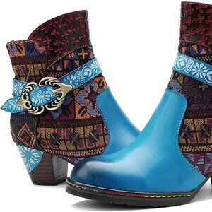 CrazycatZ Leather Vintage Bohemian Inspired Splicing Ankle Boots, Size 8